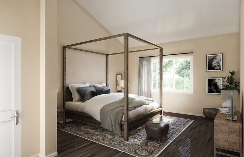 Digital
                    rendering of the interior of a bedroom with a
                    four-poster bed