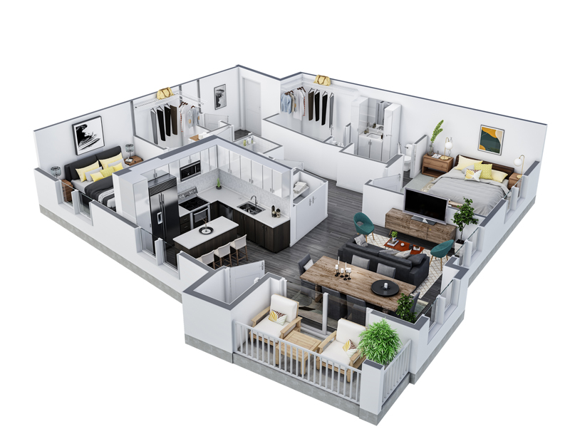 3D digital rendering of a floorplan showing the first floor of the house
