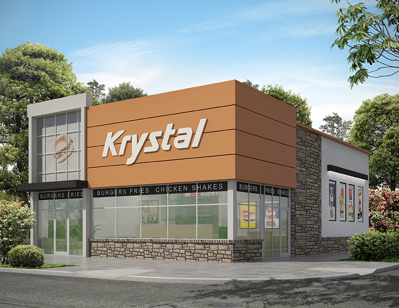 Digital rendering of the exterior of a Krystal restaurant