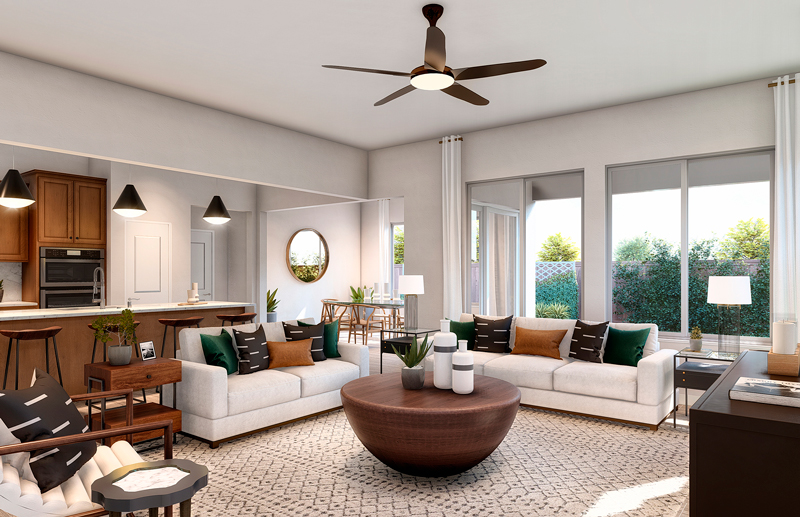 Digital rendering of the interior of a
                    modern-style living room and kitchen