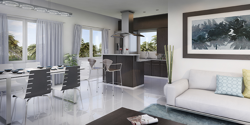 Digital
                    rendering of the interior of a modern kitchen and
                    living area