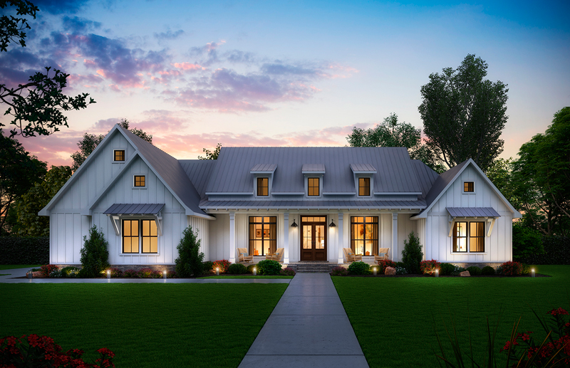 Digital rendering of the exterior of a
                    single-family home at dusk