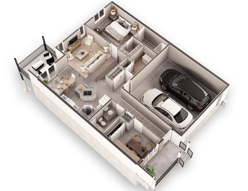 3D digital rendering of a floorplan showing the first floor of the house with attached 2-car garage