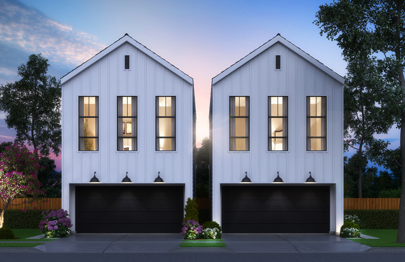 Digital
                    rendering of the exterior of a two single-family
                    homes at dusk