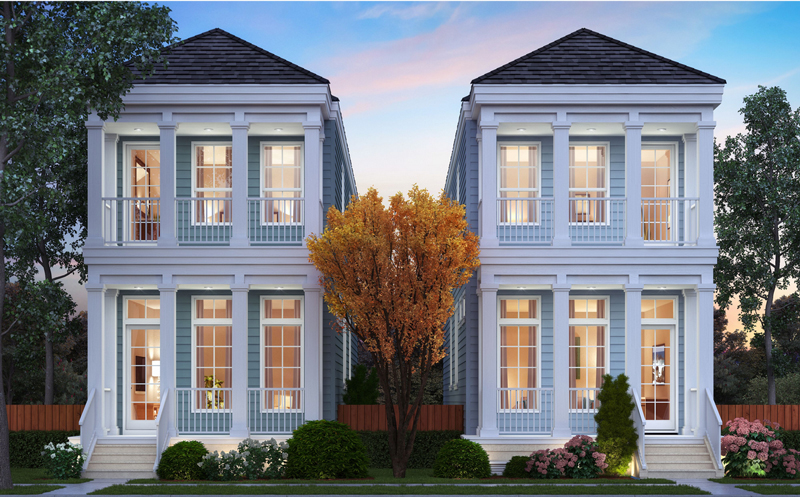 Digital rendering of the exterior of two
                    single-family homes at dusk